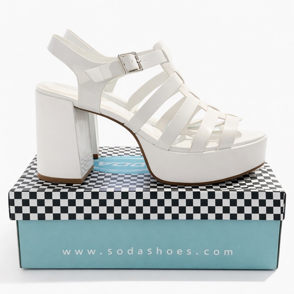 NEW Soda Platform Heels White Chunky Block Heel Sandals Size 10 Y2K 4” Heel - Picture 3 of 5